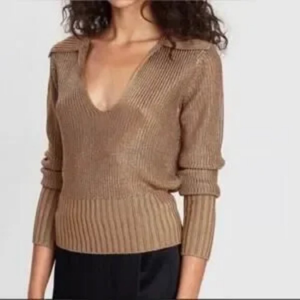 Womens Theory Copper Brown Light Knit Back Collar V-Neck Sweater P US/XS
